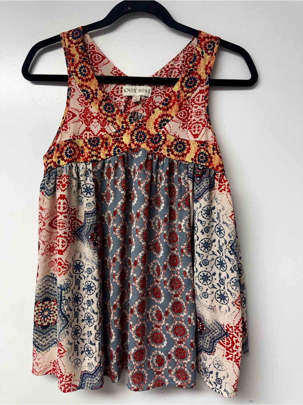 Knox Rose Boho Patchwork Sleeveless Tunic Top M Mixed Print Floral Festival C4 - Picture 2 of 7